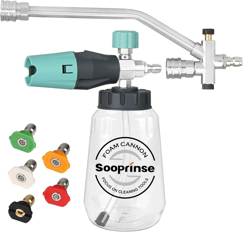 Sooprinse Pressure Washer Foam Cannon with Dual Connector Accessory, Power Washer Soap Cannon with Double Tip Attachment, 5 Power Washer Nozzle Tips, 1/4" Quick Connect, 4000 PSI - Image 1
